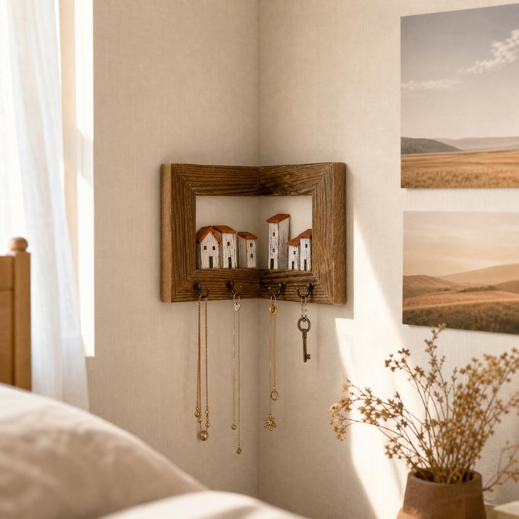 Houten Muur Sleutelhaak Rek met Plank voor Hoek, Huisvormige Entree voor Jassen en Sleutels, Slaapkamer Hal Opbergruimte