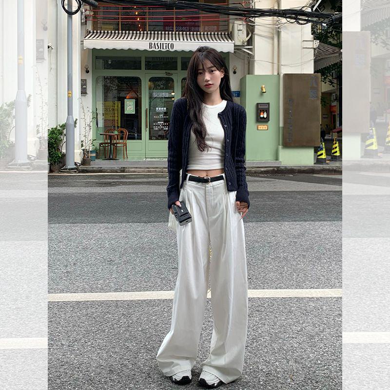 

Textured White High-Waisted Wide-Leg Petite Pants - Korean Style, Slimming & Floor-Length for Women, Casual Spring Wear Extra Large белый