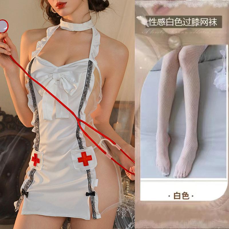 Lingerie Suspender Lace Perspective Nurse Hot Sexy Passion Bed Bow Uniform Cover