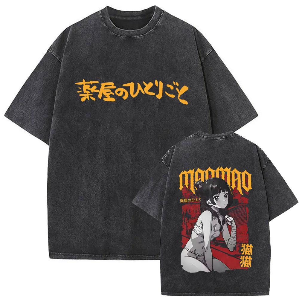 Gewaschenes Vintage Japanischer Anime The Apothecary Diaries Maomao Doppelseitiger Druck T-Shirt Herren Damen Freizeit Kawaii Lustige T-Shirts
