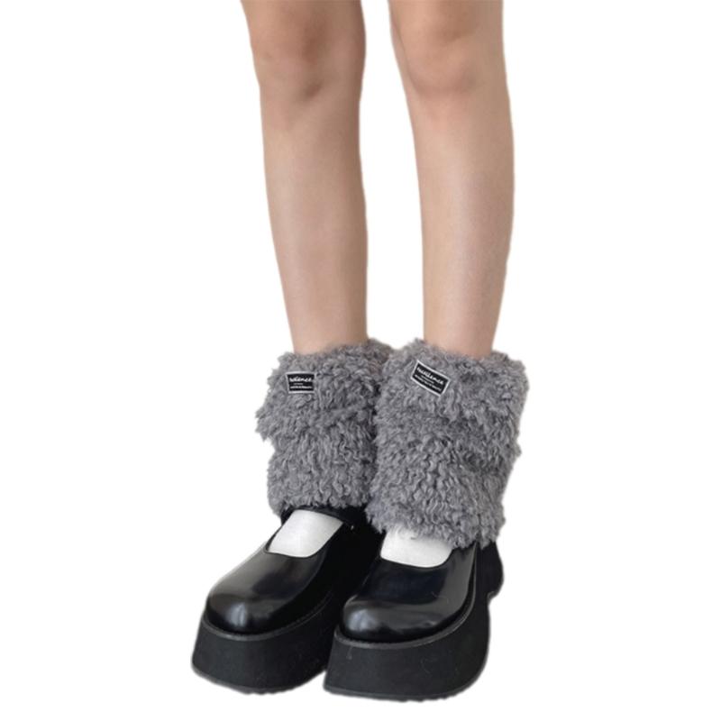 Women Furry Leg Warmers with Letter Label Aesthetic Winter Warm Fuzzy Plush Boot Cuffs Leg Gaiters Socks Streetwear
