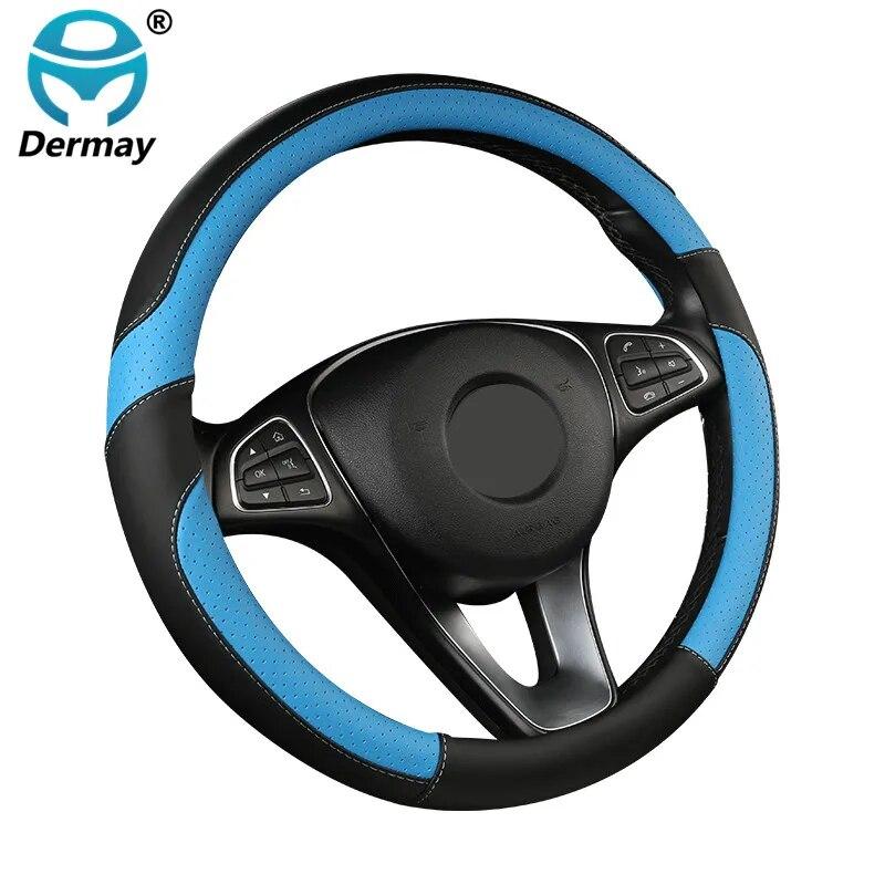 DERMAY  New Car Steering Wheel Cover PU Leather M Size Fit Standard Steering Wheel 37-38cm(14-15") Non-slip & Easy Install
