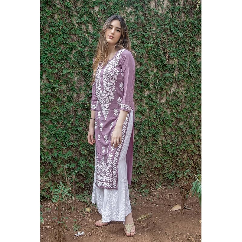 ANNI DESIGNER Women s Cotton Blend Straight Chikankari Embroidered Kurta (Victoria Purple_L_Purple_Large) L фиолетовый