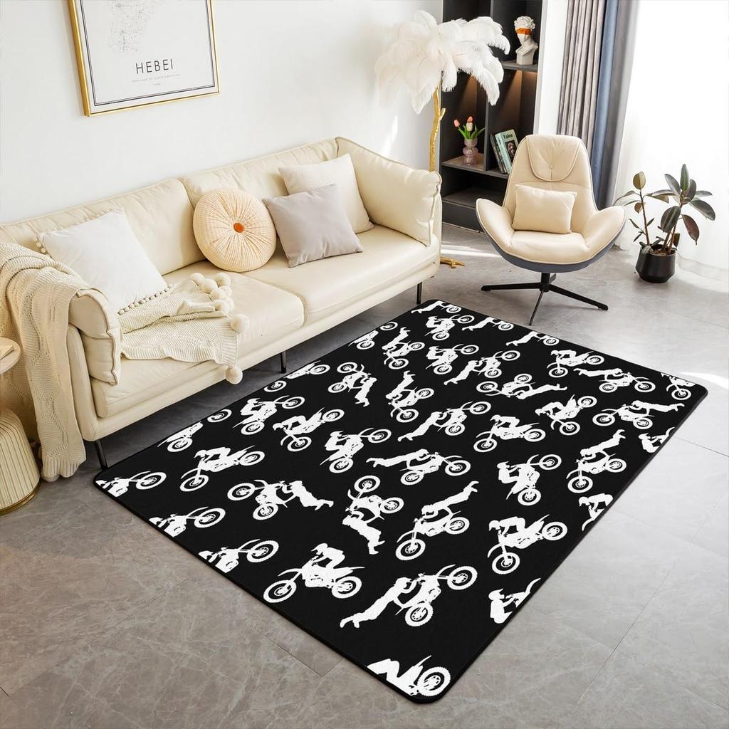 Teen Dirt Bike Area Rug for Living Room Motocross Rider Floor Mat Motorbike Extreme Sport Carpet Snow Mountain Landscape Doormat