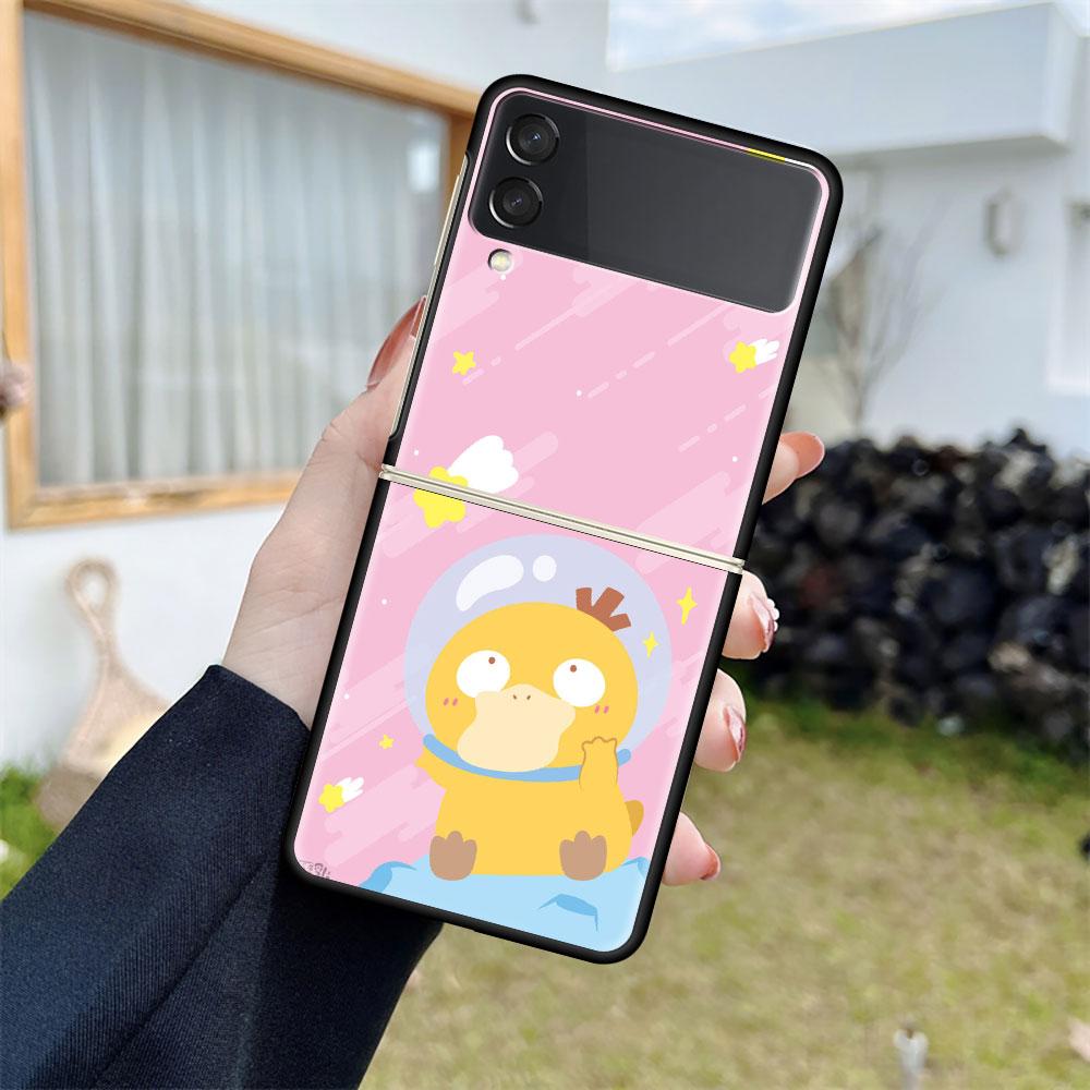 Z Flip 3 Case For Samsung Galaxy Z Flip 3 5G Black Hard Luxury Phone Cover Fall Prevention Fashion PC Shell Cute Pokemon EEvee