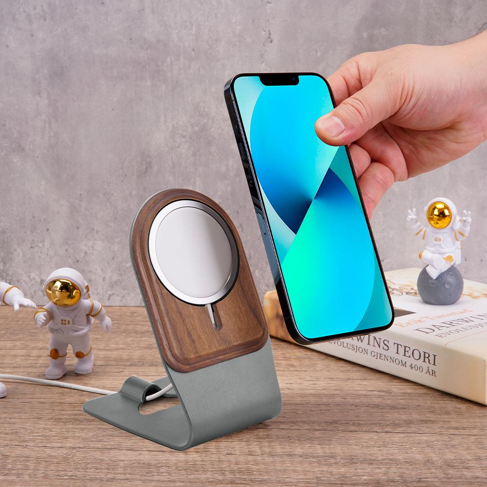 Apple iPhone 15 Magsafe Wooden Wireless Charging Phone Stand Aluminum Alloy Desktop Phone Stand