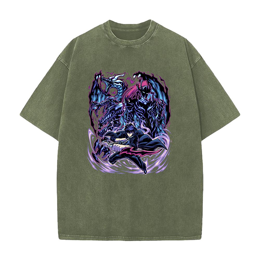 Anime Solo Leveling Sung Jin Woo Beru Print Washed Tee Men High Quality Cotton T-shirts Oversized T Shirt Harajuku Male Tshirt