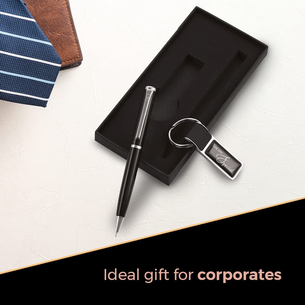 Cello Signature Professional Gift Set Blue Ball Pen With Metal Keychain Black Silver Finish For Office And Gifting