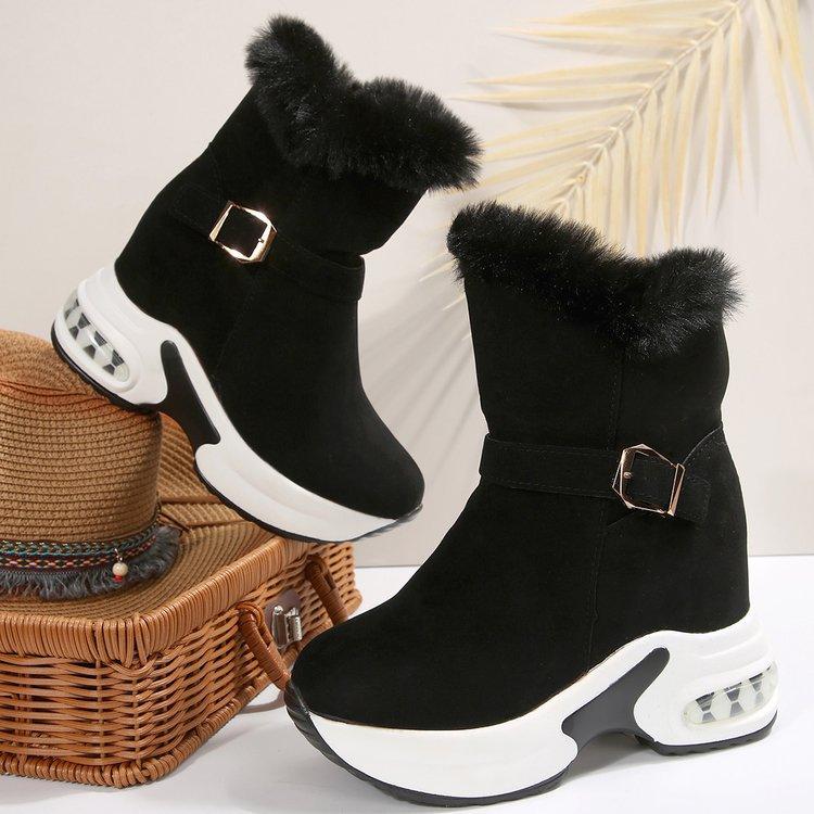Large Size Thick Bottom Heightened Comfortable Warm Fluffy Boots Autumn and Winter New Metal Buckle Snow Boots Women