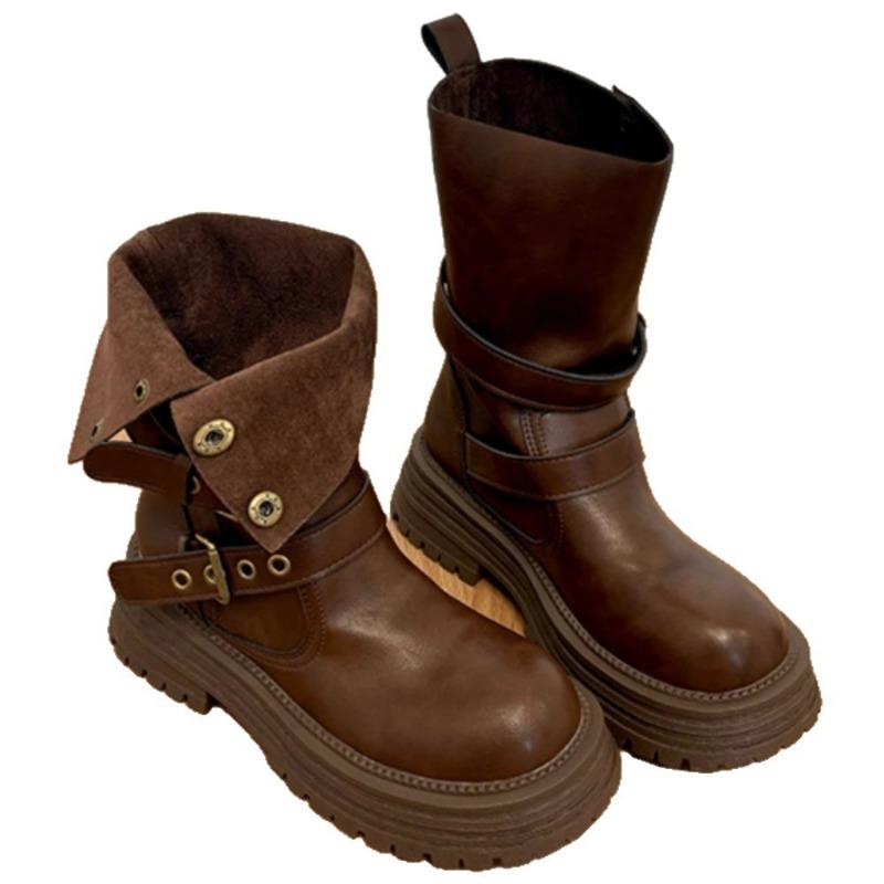 Martin boots women's new spring and autumn single boots retro women's shoes medium boots thick-soled black short boots