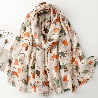 Women's Bohemian Cat Print Scarf - Lightweight Breathable Shawl & Neck Wrap, Soft Pastel Colors with Black & White Cat Illustrations