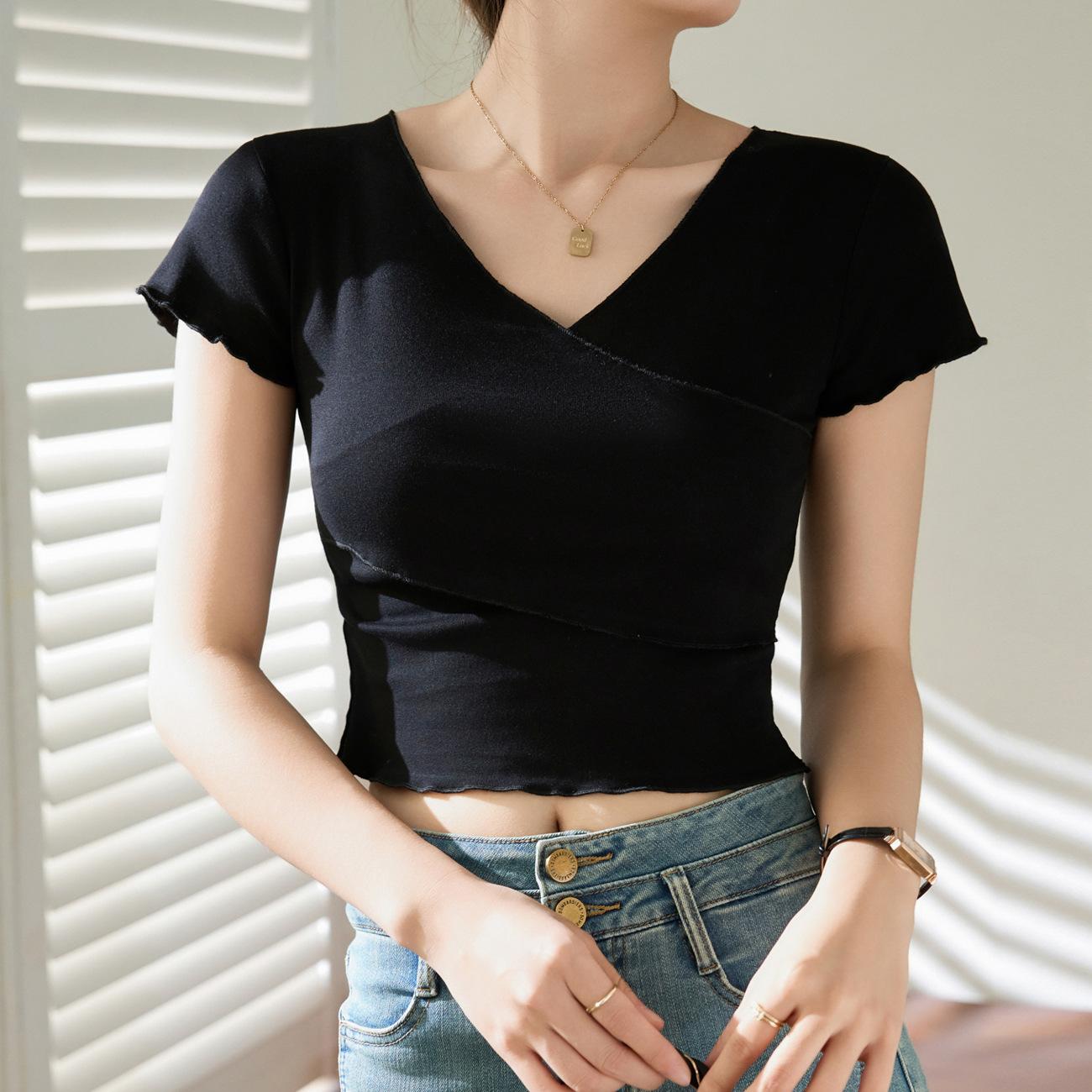 

Дизайнерский балетный стиль движения Короткая футболка Летняя блузка из чистого хлопка с высокой талией и V-образным вырезом на пупке L