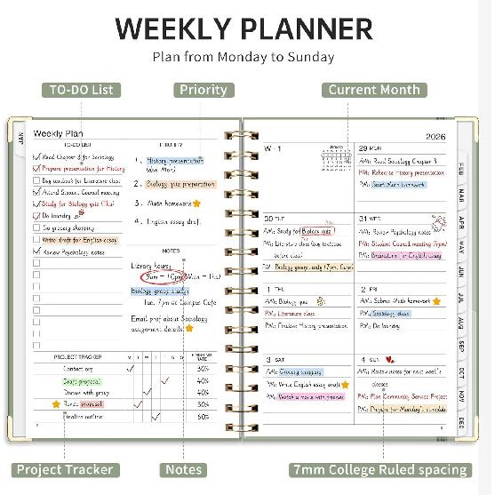 2026 Planner, Weekly and Monthly, A5 Size (5.7" x 8.3"), Jan 2026 - Dec 2026, Calendar, To-do List, Agenda, 12-Month Tabs, Hardcover, 100 GSM Thick