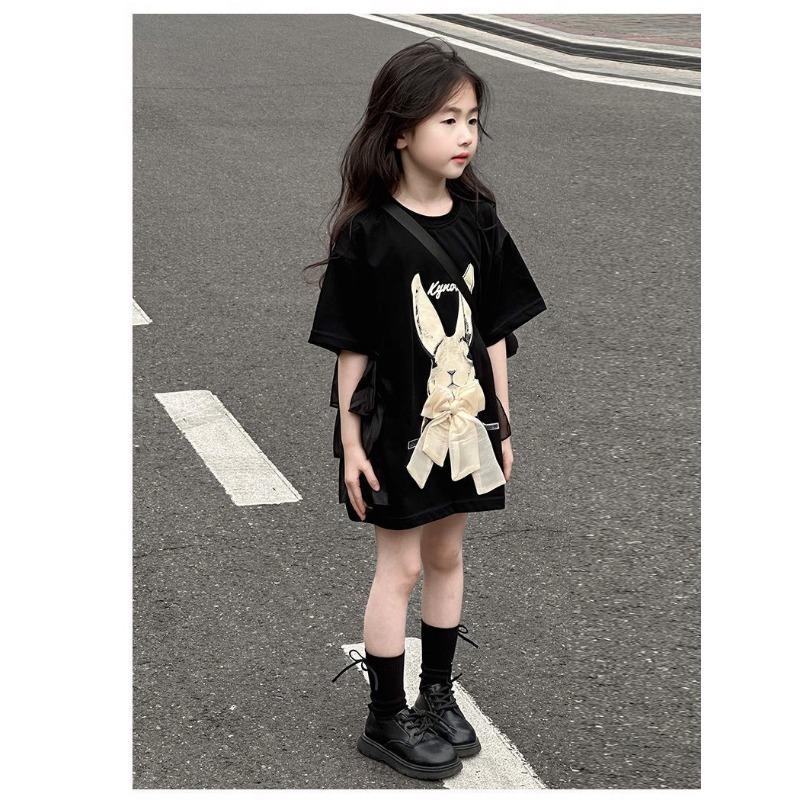 Dívčí tričko s krátkým rukávem, sukně, volný top, dětský letní bavlněný top s půl rukávem