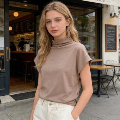 Damen T-Shirt Rollkragen Fledermausärmel Kurze Ärmel Seitliche Raffung Pullover Oberteile Einfarbige Locker geschnittene Lässiges T-Shirt Tägliche Kleidung