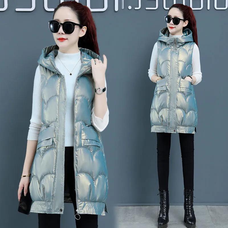 Damer Høst og Vinter Mellomlang Lett Vaskefri Blank Kåpe Ensfarget Hette Yttertøy Vester