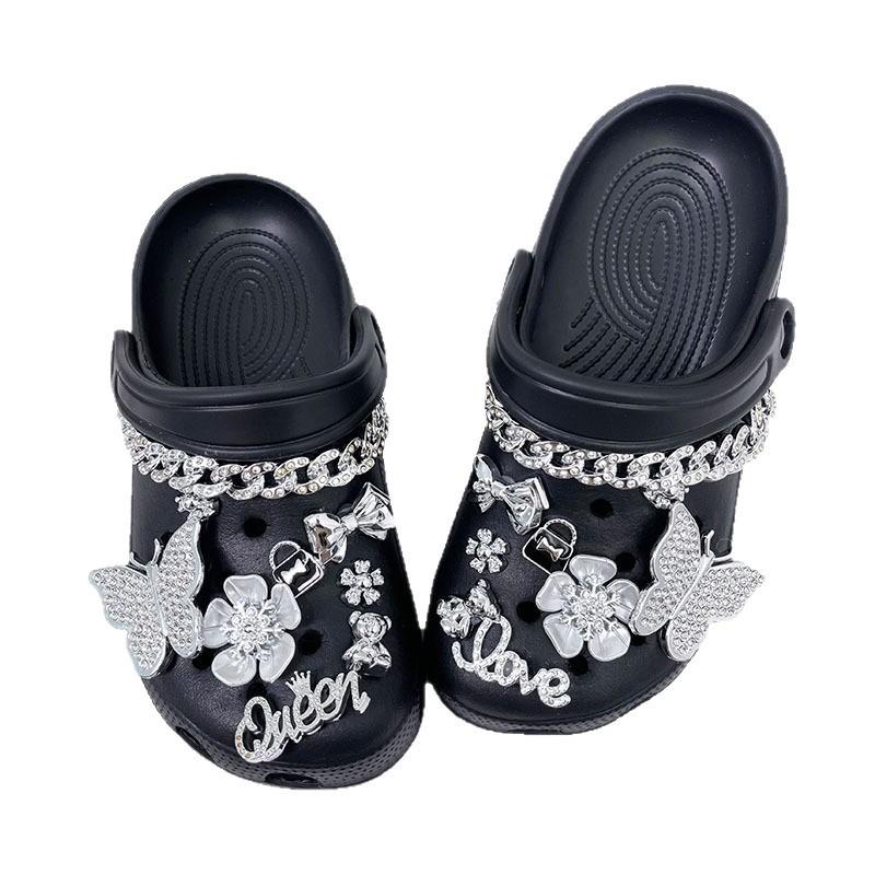 16PCS Luxury Shoe Charms Set Accessories Hole Shoe Buckle Silver Rhinestone Butterfly Chain DIY Shoes Decorations Party Gift