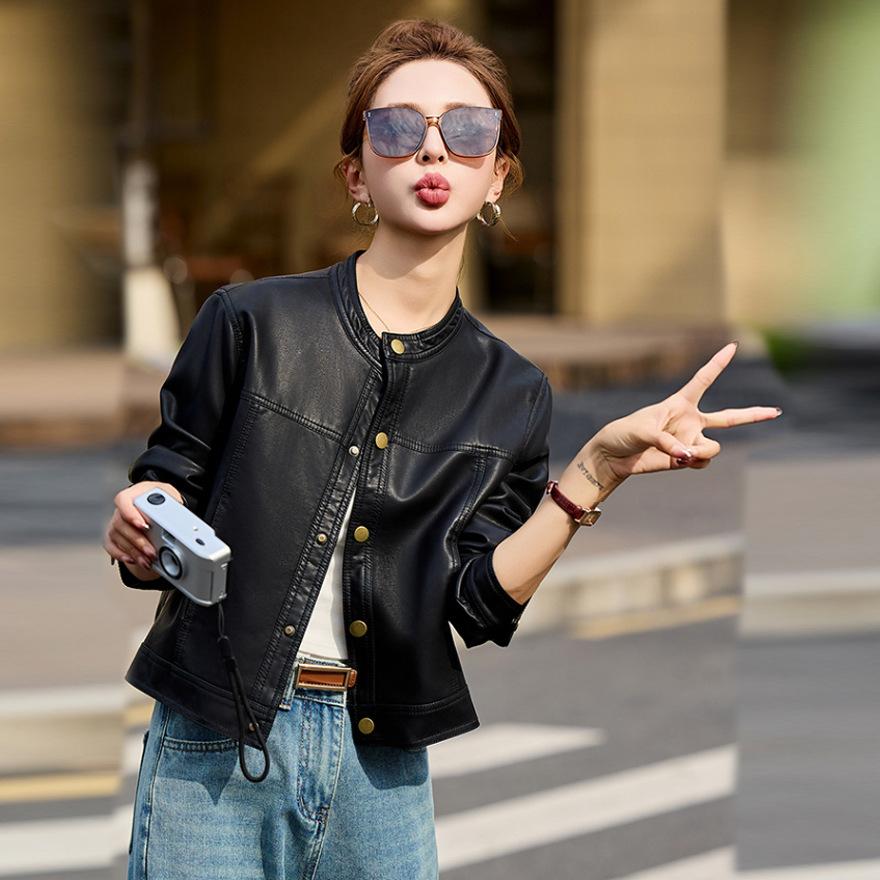 Temperament Long-sleeved Design Leather Jacket Women's Spring and Autumn New Locomotive Thin Fashion Versatile Jacket Short