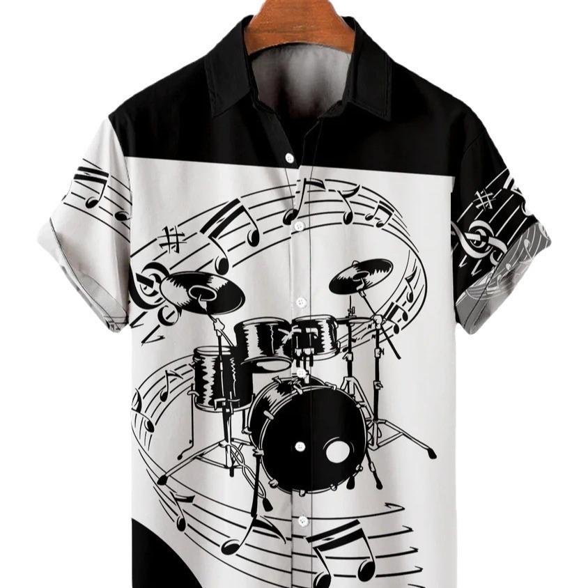 Men's Casual Shirt 3D Music Note Printed Hawaiian Men's Short Sleeve Lining