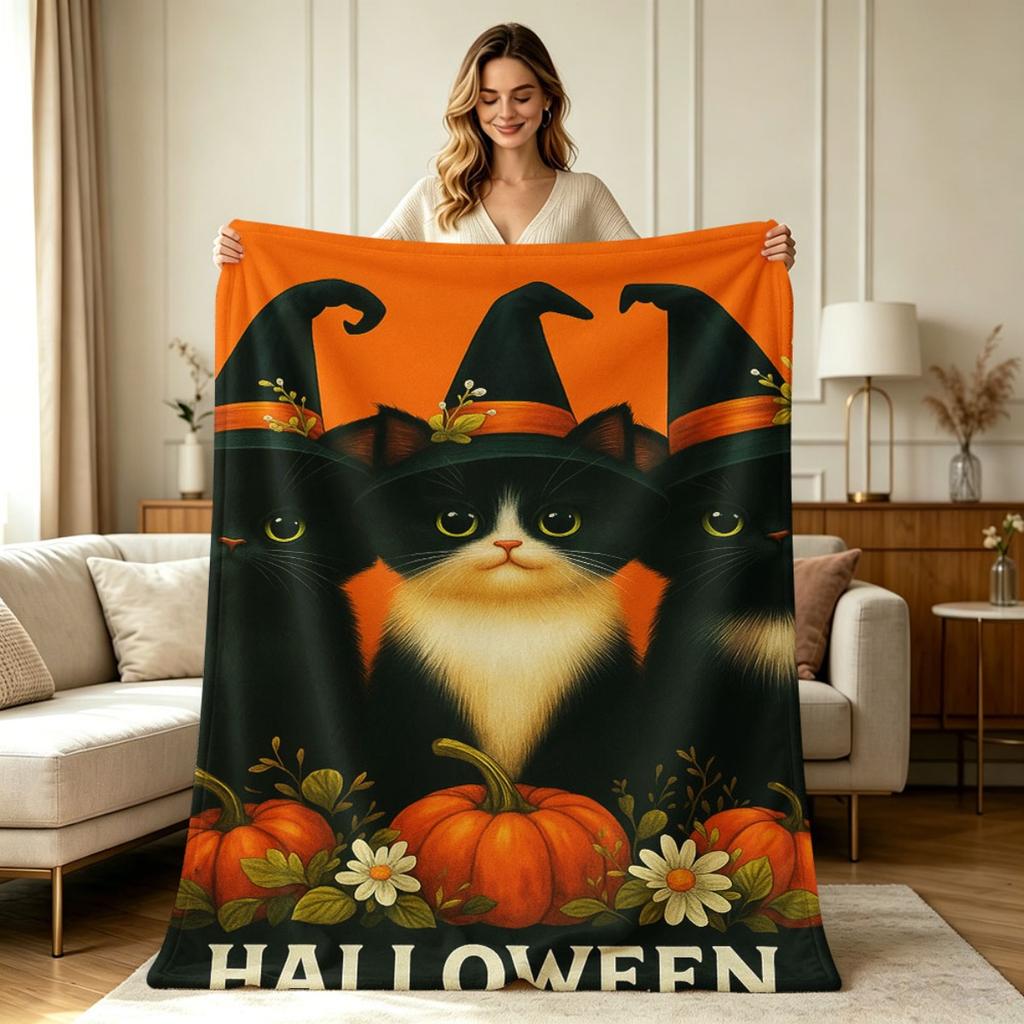 Soft Warm Flannel Blanket Halloween Black Cats Witch Hat Pumpkin Print All Season Cozy Throw Blanket for Couch Sofa Bedroom Office Living Room Home De