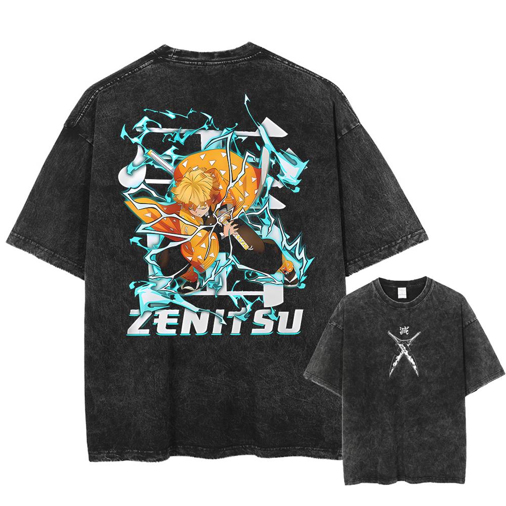 Men Streetwear Summer Rengoku Kyoujurou Top Tee Harajuku Anime Demon Slayer Printed T-shirt Vintage Washed Oversized Tshirt