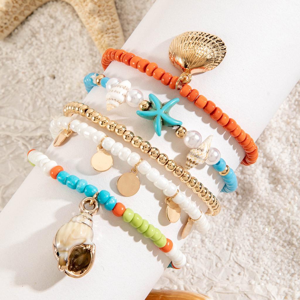 Accessories, handmade DIY rice bead shell multi-layer anklet, chain scallop anklet 5-piece set for women