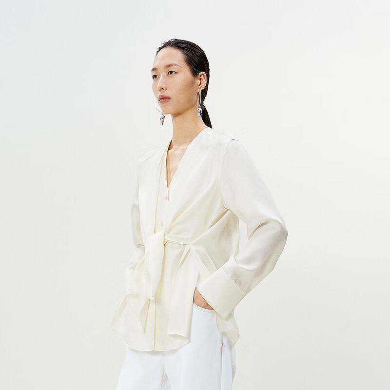 LESS 2025 Spring Mulberry Silk V-Neck Long Sleeve Shirt