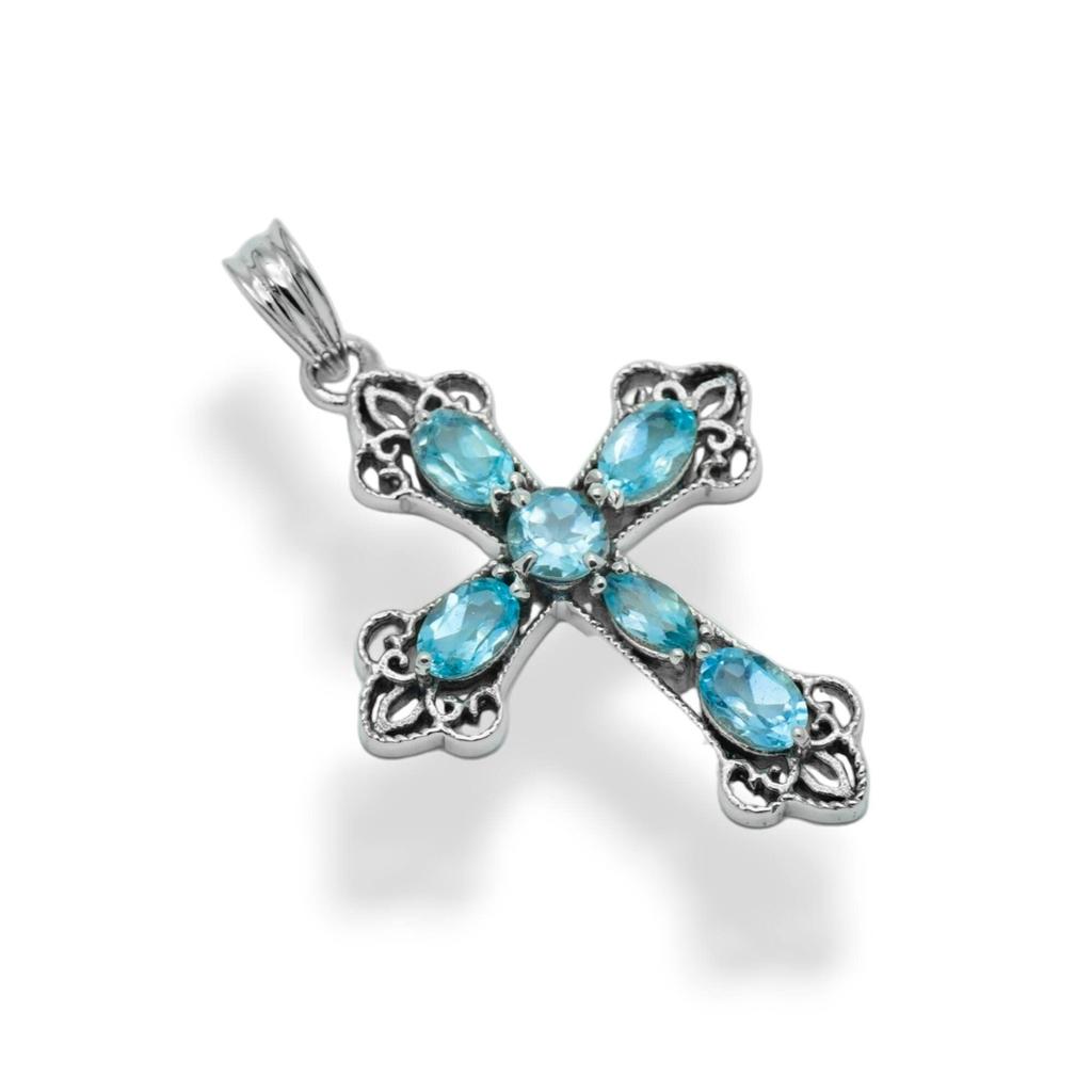 Blue Topaz Cross Pendant, 925 Sterling Silver Gemstone