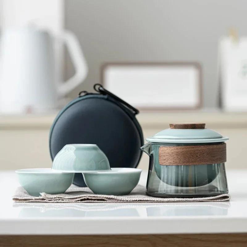 Travel Tea Set Kit 1 Teapot 3 Cups Portable Outdoor Camping Teapot and Tea Cup with Bag Teaware Sets Household Making Tea Tool