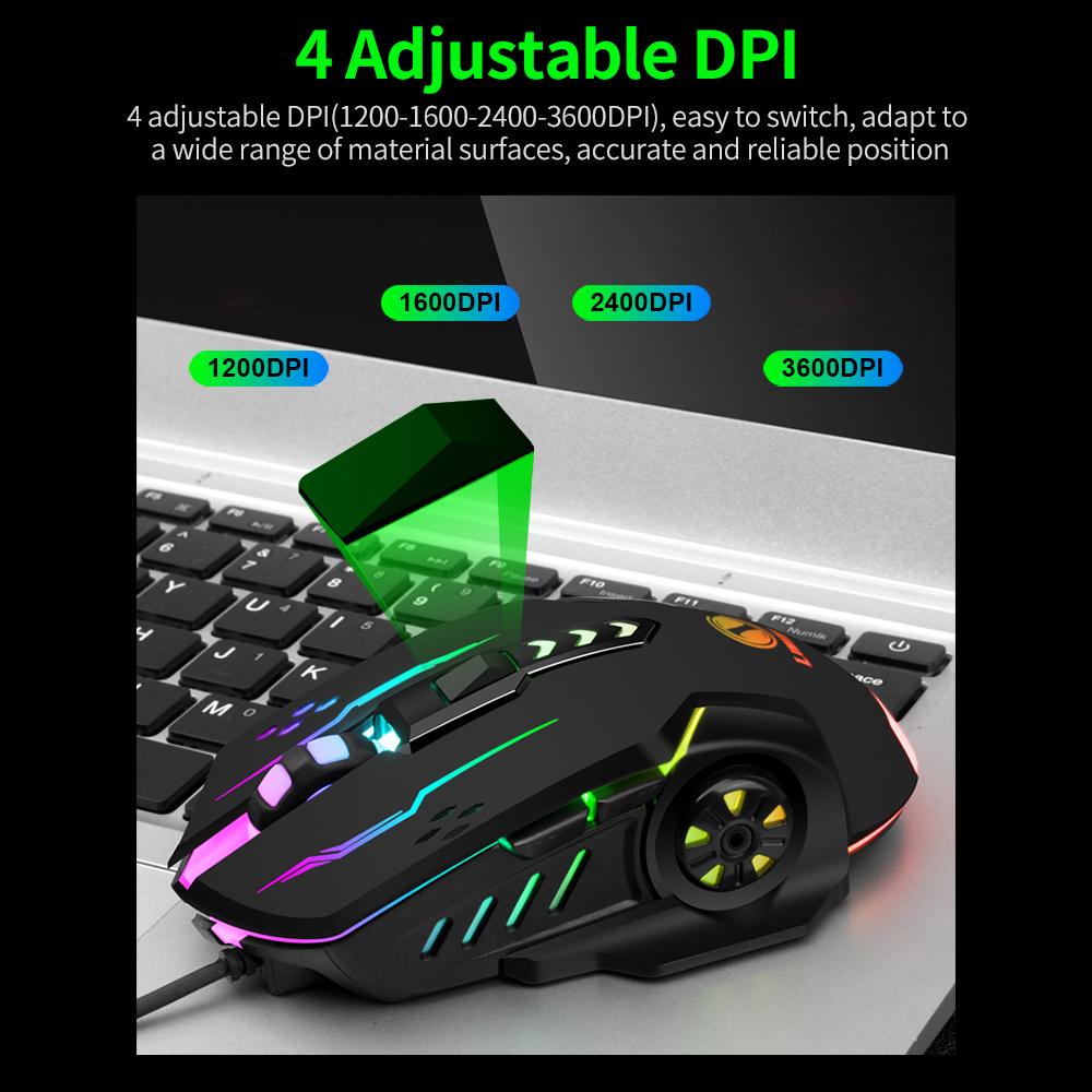 Mouse cu fir USB 6 taste Mouse ergonomic pentru jocuri de birou cu lumină colorată DPI reglabilă pe 4 niveluri