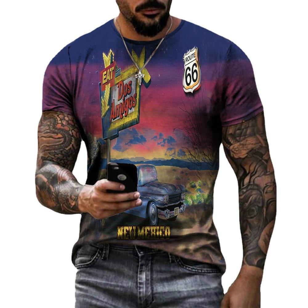 Summer New 3D Printed US Route 66 Cool Round Neck Men's T-shirt