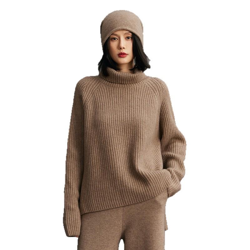 Women's High Neck Ribbed Knit Cashmere Sweater - Autumn/Winter Raglan Sleeve, Thickened Base Layer, Lazy Style