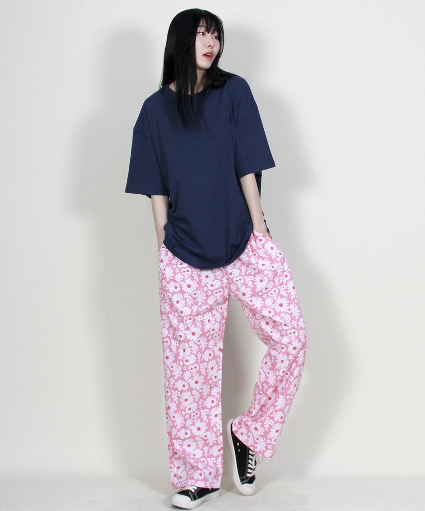 Deumakeu Flower Pattern Side One-Pleat Semi-Wide Pants Hot Red