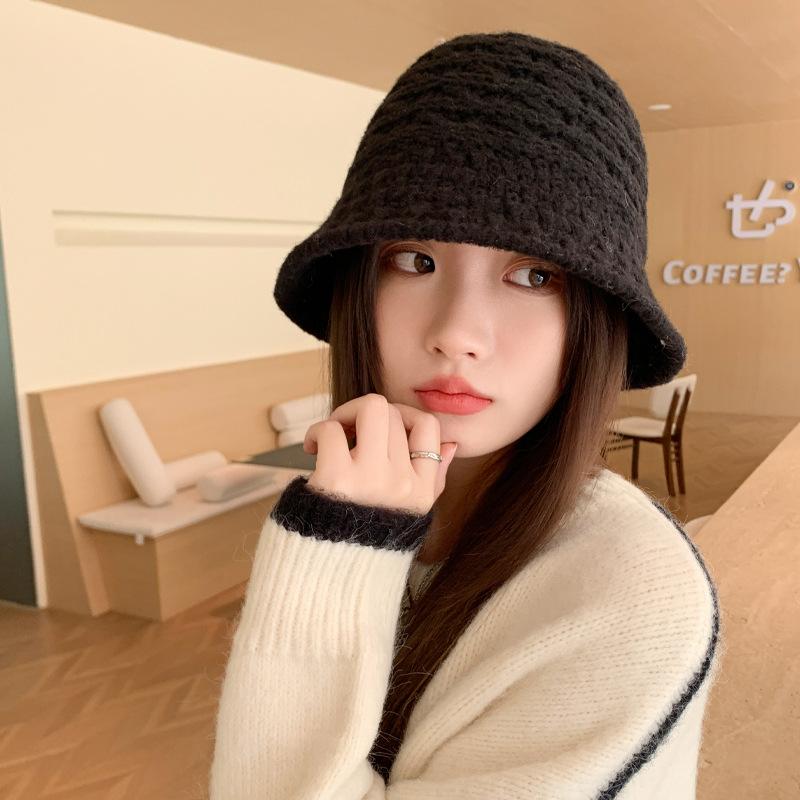 Autumn and Winter New Hollow Knitted Bucket Hat Versatile Face Small Fisherman Hat Simple Warm Basin Hat