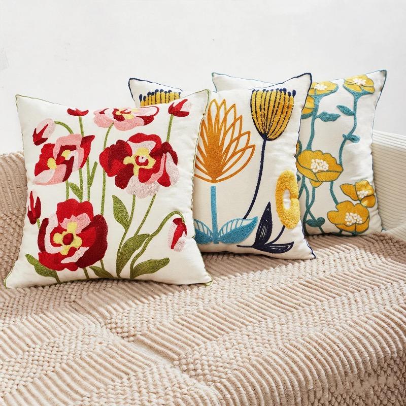 1pc Spring Embroidered Floral Cushion Cover, Soft Fabric, 45*45CM, Suitable For Living Room, Bedroom, Sofa, Home Decor