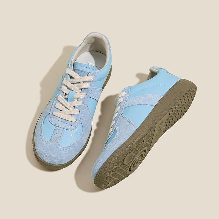 Leather Version~ Color Matching Round Head German Training Shoes Female Student Board Shoes Casual Sports Versatile Lace-Up Soft Sole Niche Flat