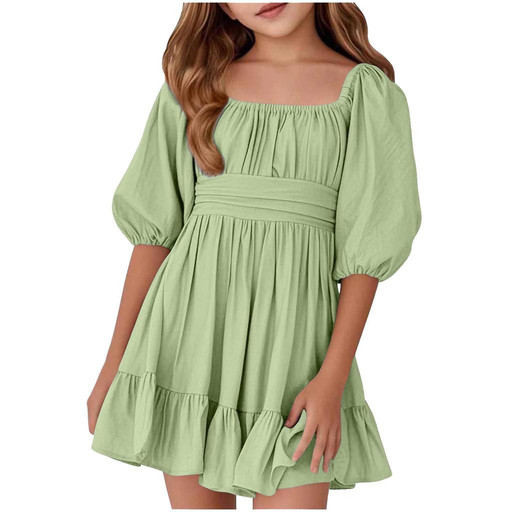 Summer Children's Ruffled Square Collar Lace-up Fashion Dress For Girls