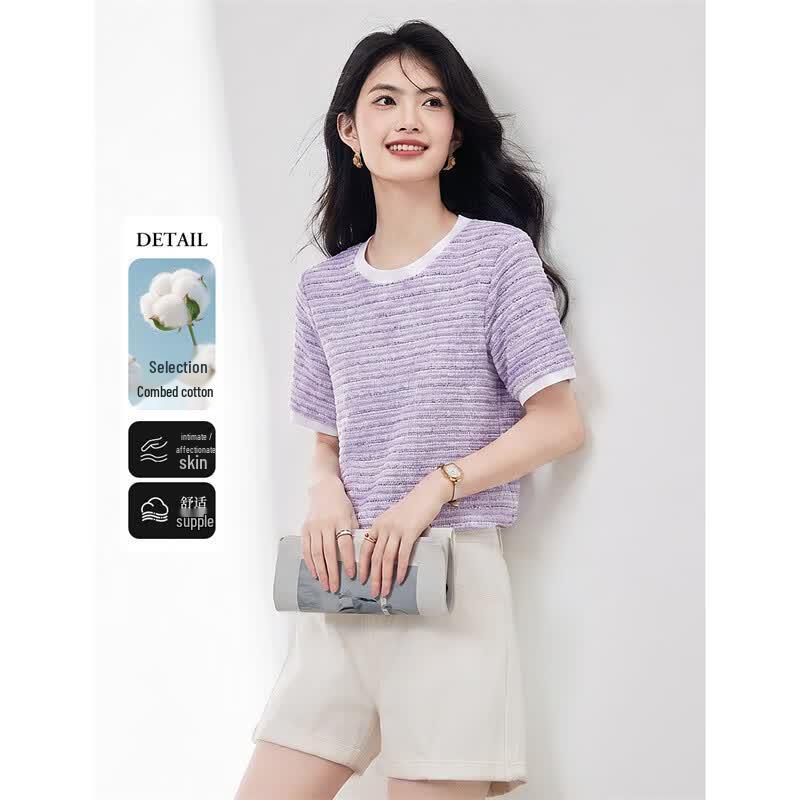 XinFeiYu Chic Striped Short Sleeve T-Shirt L таро-пурпурный