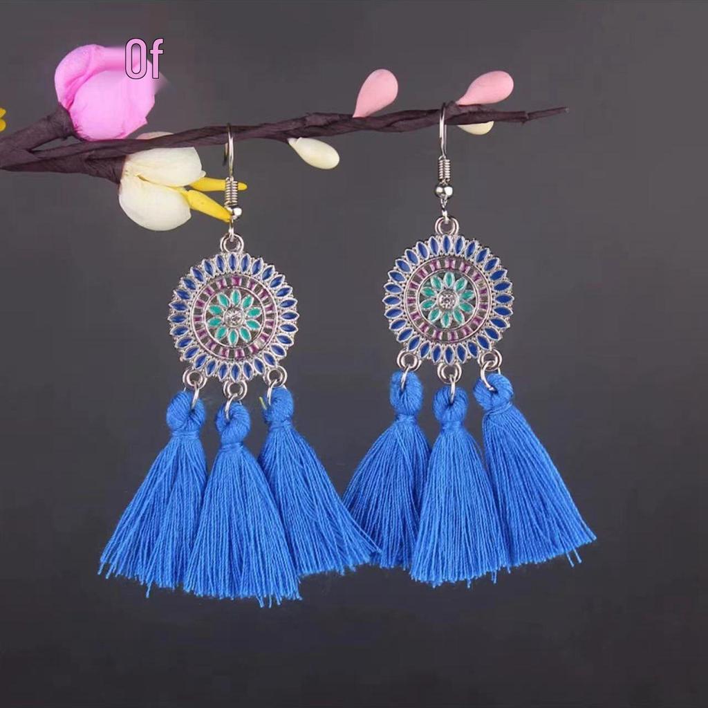Bohemian Turquoise Owl Dream Catcher Tassel Earrings for Women