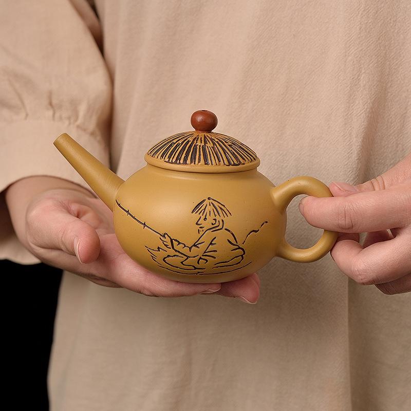 Handmade gold cinnabar, purple sand tea set, tea maker, household kung fu teapot, official hat, fisherman standing upside down and breaking water