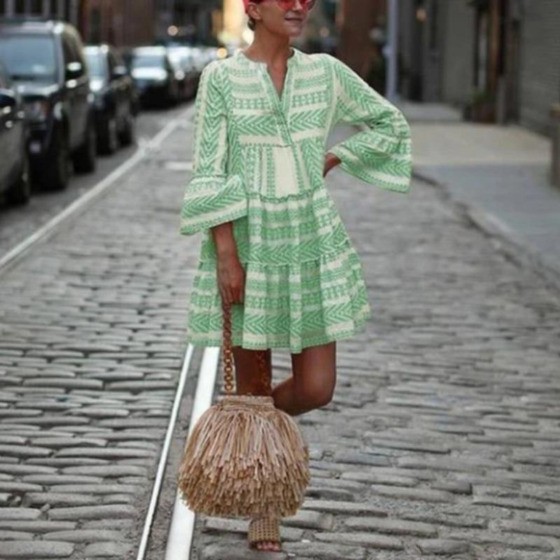 Women Summer Beach Chiffon Dress Casual Long Sleeve Polka Print Dress Boho Mini Party Dress Elegant V Neck Sundress