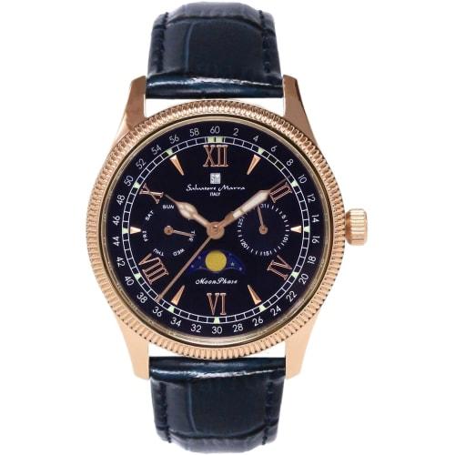 Salvatore Marra Men's Limited Edition Moon Phase Multi-Calendar Watch with 5 ATM Water Resistance, Leather Strap, Pink Gold and Blue SM24110-PGBL