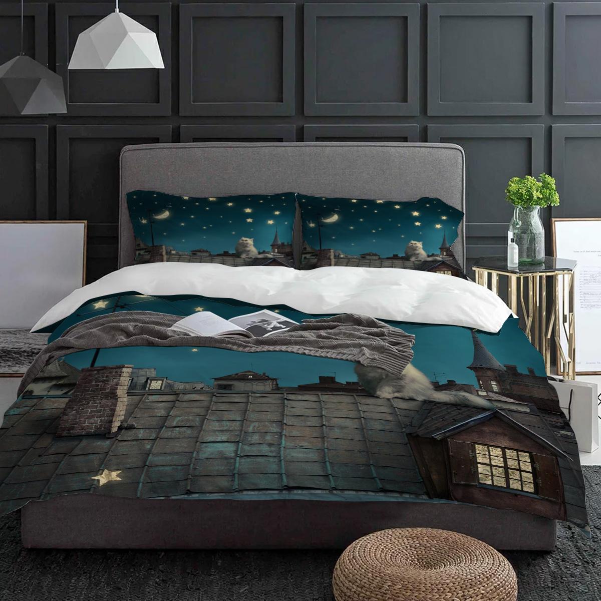 

Cat Roof Kitten Night Moon Stars Bedding Set 3pcs Duvet Cover Pillowcase Kids Adult Quilt Cover Double Bed Set Home Textile EU single(135x200cm)