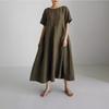 2026 Summer Large Loose Cotton and Hemp Casual Dress Elegant New Round Neck Short Sleeve A-line Dress Female Fashion Solid Color Simple Clothing