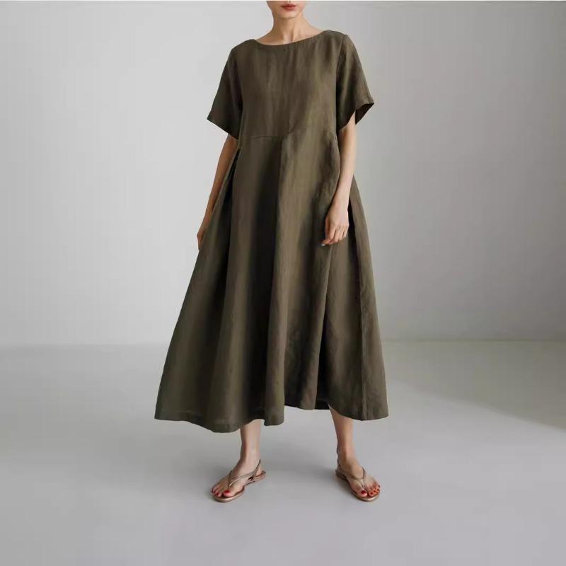 2026 Summer Large Loose Cotton and Hemp Casual Dress Elegant New Round Neck Short Sleeve A-line Dress Female Fashion Solid Color Simple Clothing