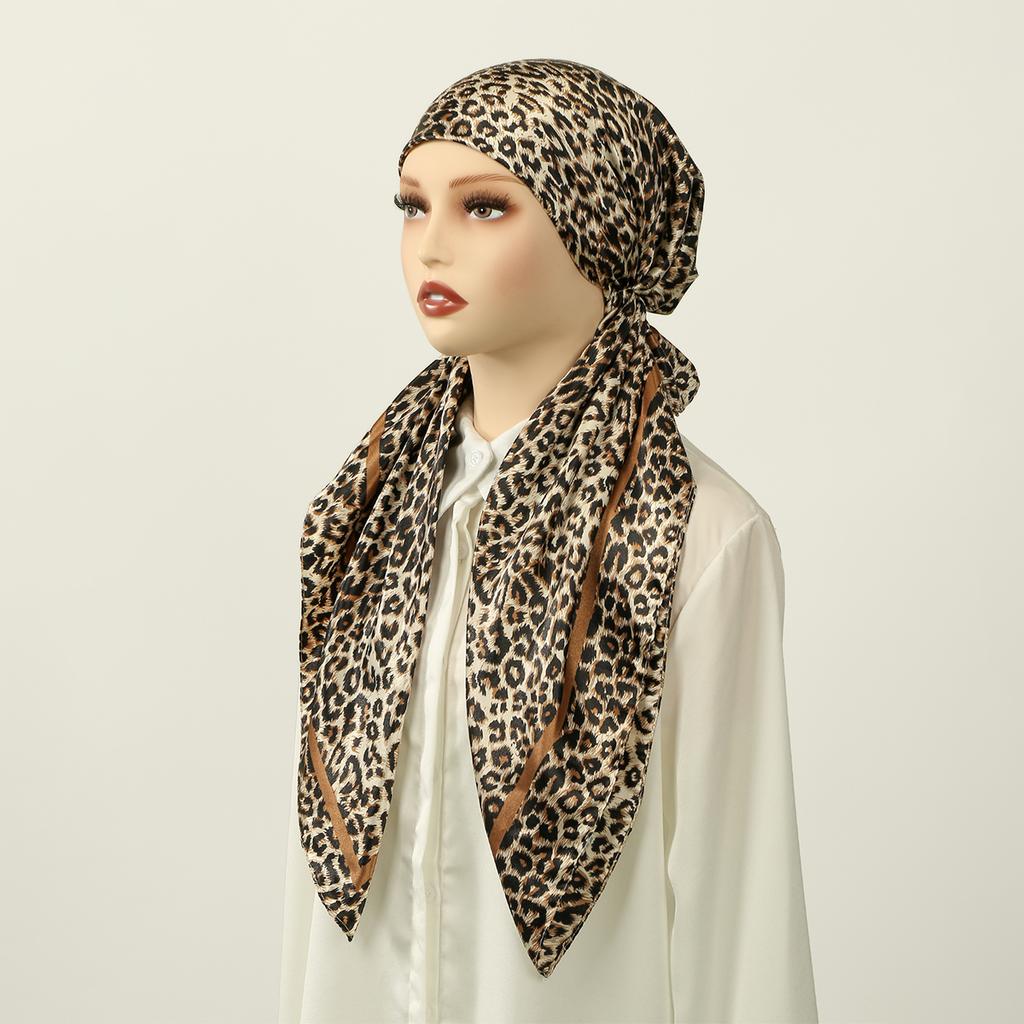 Leopard Printed Satin Silk Hat Caps Woman Muslim Hijab Hat Lady Fashion Instant Scarf Islamic Turban Bandana Foulard Headband