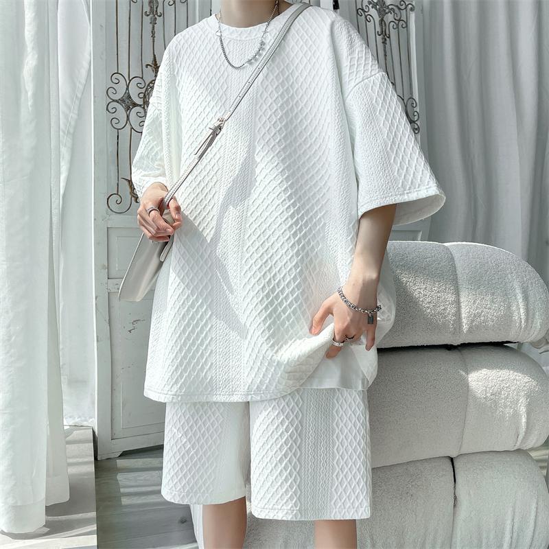 2026 Summer Men Sets Fashion Loose Casual T Shirts + Shorts Men New Korean High Street Jacquard Plaid T-shirt Short Sets
