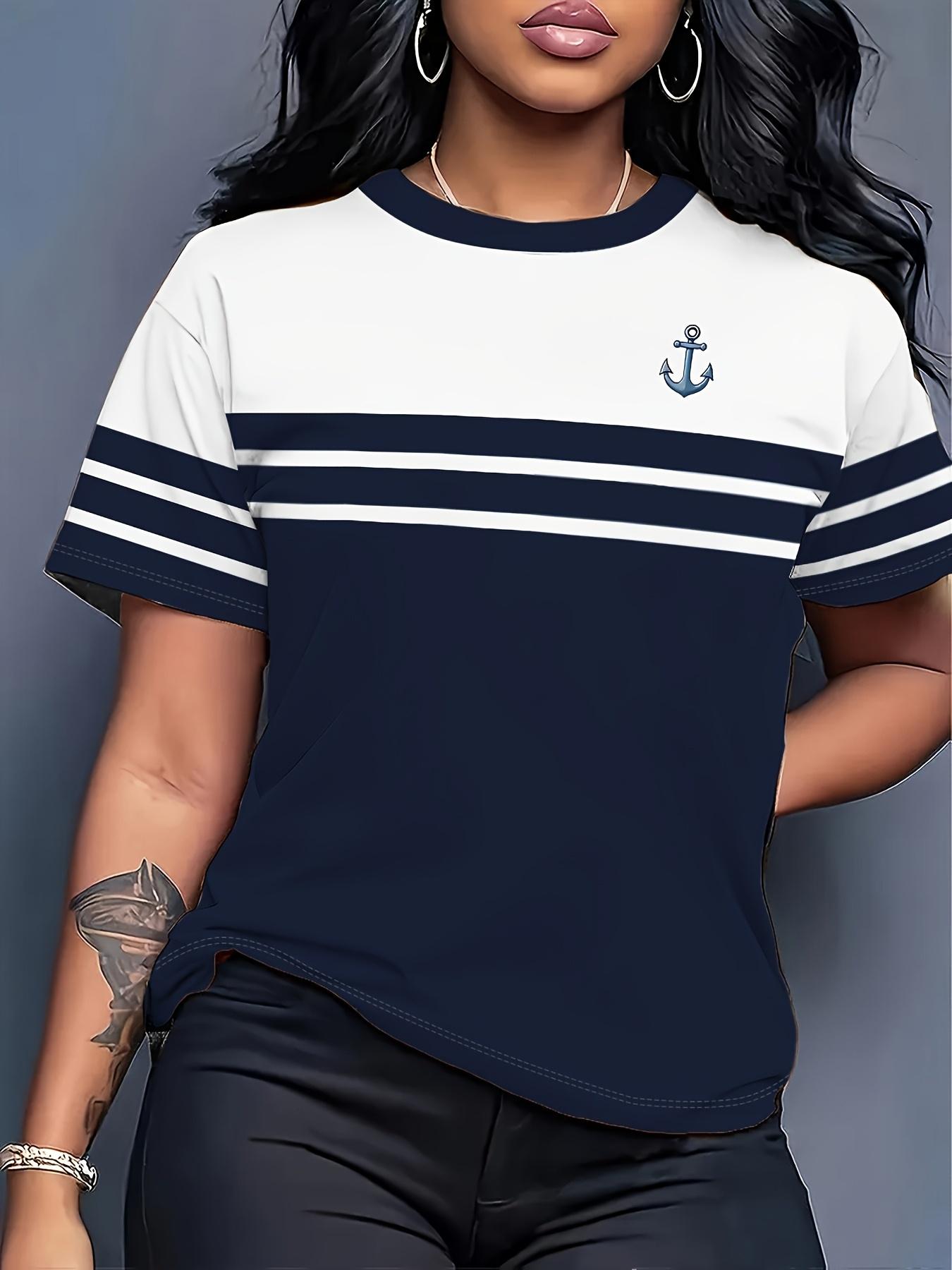 

Women S Navy Blue And White Contrast Anchor Print T-Shirt. Summer Trendy Casual Round Neck Short Sleeve Top. Suitable for Daily Casual Wear. Outdoor. 3XL дубильна кора