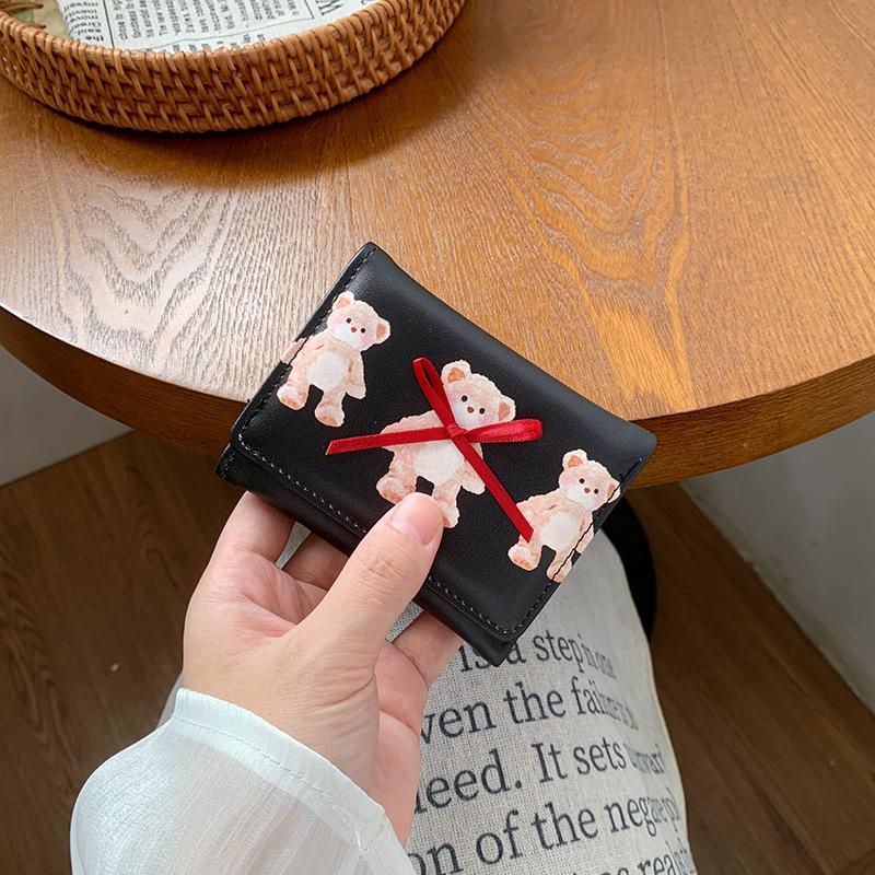 

Simple bow short women s wallet small fresh and cute three-fold plain student change clip card bag чёрный