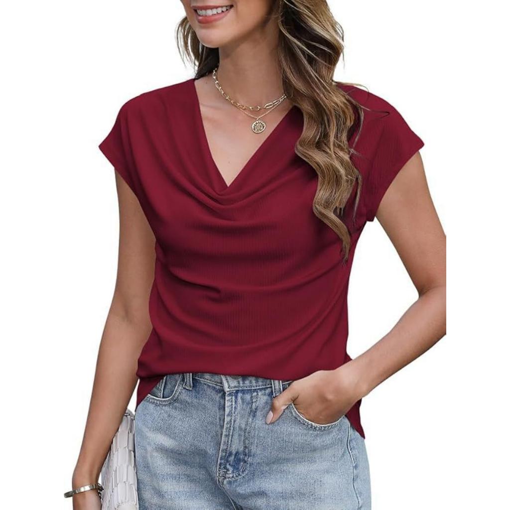 Summer Spring Fashion Women's Solid Color Short Sleeve Slouchy Neck Casual Tops